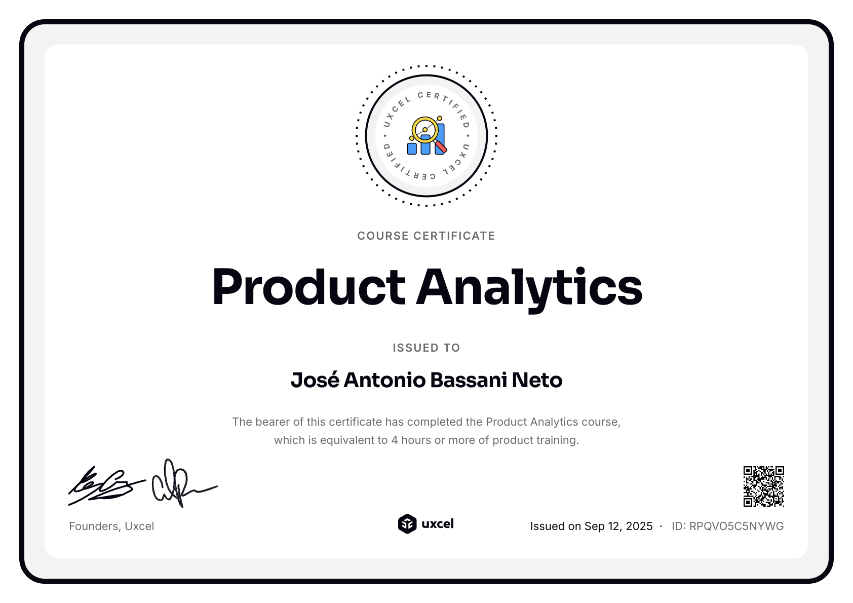 José Antonio Bassani Neto's certificate